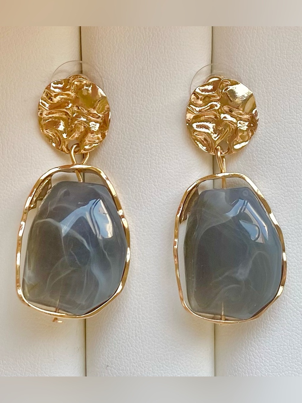 Gold-Tone Drop Earrings with Gray Marble